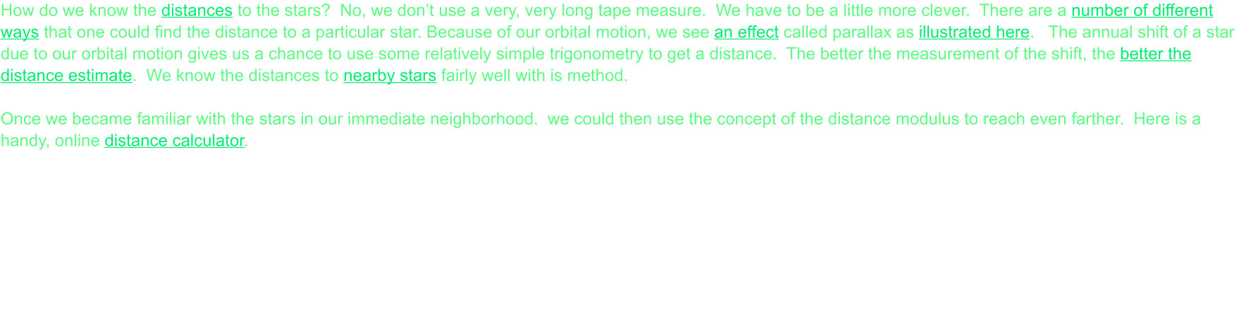 How do we know the distances to the stars?  No, we don’t use a very, very long tape measure.  We have to be a little more clever.  There are a number of different ways that one could find the distance to a particular star. Because of our orbital motion, we see an effect called parallax as illustrated here.   The annual shift of a star due to our orbital motion gives us a chance to use some relatively simple trigonometry to get a distance.  The better the measurement of the shift, the better the distance estimate.  We know the distances to nearby stars fairly well with is method.  Once we became familiar with the stars in our immediate neighborhood.  we could then use the concept of the distance modulus to reach even farther.  Here is a handy, online distance calculator.